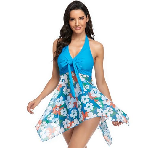 YIMAIWLX Badeanzug Frauen Zum Neckholder -spleißen Mit Einem Stück Rock Badeanzug Ruch -badeziegel Badekontrolle Badeanzug-Blaue Blume-2xl von YIMAIWLX