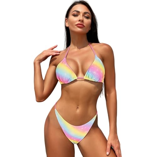 YIMAIWLX Badeanzug Ladies Bikini Set Halter Gepolstert Badeanzug Badeanzug Heiße Strandbekleidung-Regenbogenfarben-m von YIMAIWLX