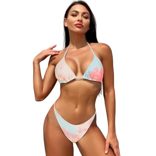 YIMAIWLX Badeanzug Ladies Bikini Set Halter Gepolstert Badeanzug Badeanzug Heiße Strandbekleidung-p-Blue-verschmutzung-m von YIMAIWLX