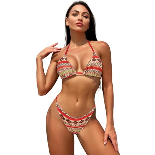 YIMAIWLX Badeanzug Ladies Bikini Set Halter Gepolstert Badeanzug Badeanzug Heiße Strandbekleidung-roter Ethnischer Stil-l von YIMAIWLX