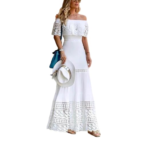 YIMAIWLX Kleider Frauen Sommer Boho Maxi Kleid Schnürung Quaste V-Ausschnitt Flare Ruffle Beach Kleider-weiß-l von YIMAIWLX