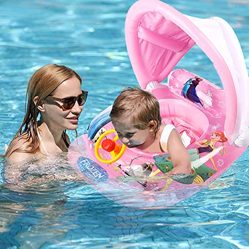 YISKY Baby Schwimmring mit Sonnenschutz, Baby Schwimmhilfe mit Sonnenschutz, Aufblasbare Schwimmreifen mit Sonnendach, Schwimmhilfe Spielzeug Kinder, für Kinder ab 6-36 Monate (Frozen, Rosa) von YISKY