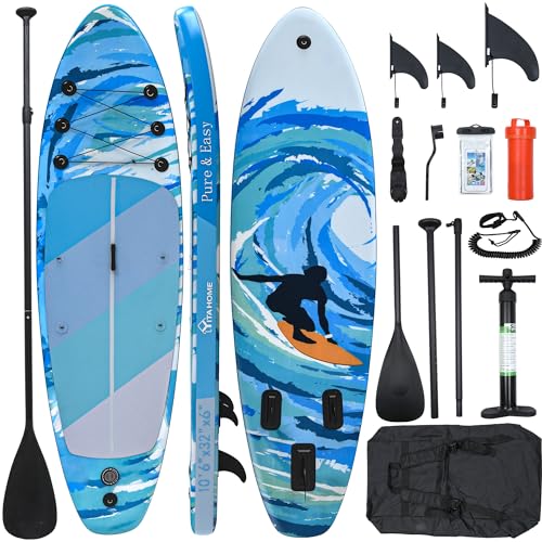 YITAHOME Aufblasbares Stand-Up-Paddle-Board Surfbrett, SUP-Board mit SUP-Zubehör, einschließlich Rucksack, wasserdichter Tasche, Leine, verstellbarem Paddel, Pumpe, Stehboot (335x84x15cm) von YITAHOME