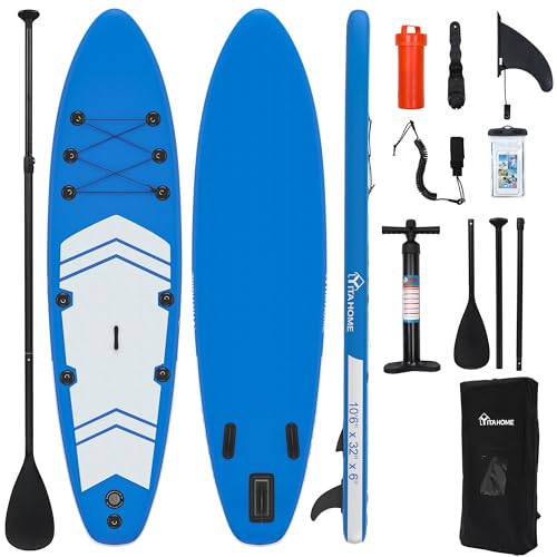 YITAHOME Aufblasbares Stand-Up-Paddle-Board Surfbrett, SUP-Board mit SUP-Zubehör inklusive Rucksack, wasserdichter Tasche, Leine, verstellbarem Paddel, Pumpe, für Jugendliche(320x81x15 cm), Blau/Weiß von YITAHOME