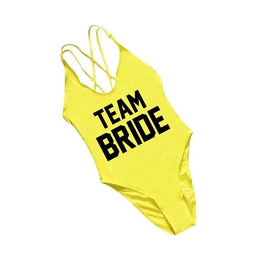 YJHLY Bikini Sets Schwimmanzug Für Frauen One -Stück Badeanzug Buchstaben Druckrückenfreier Badeanzug Sommer Monokini Beachwege-(Black Word)-Yellow-S von YJHLY