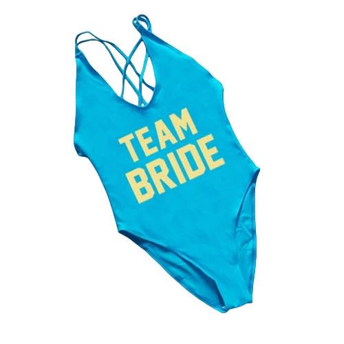 YJHLY Bikini Sets Schwimmanzug Für Frauen One -Stück Badeanzug Buchstaben Druckrückenfreier Badeanzug Sommer Monokini Beachwege-(Gold Word) - Blue-L von YJHLY