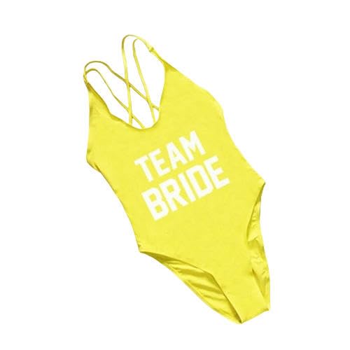 YJHLY Bikini Sets Schwimmanzug Für Frauen One -Stück Badeanzug Buchstaben Druckrückenfreier Badeanzug Sommer Monokini Beachwege-(White Word)- Yellow-L von YJHLY