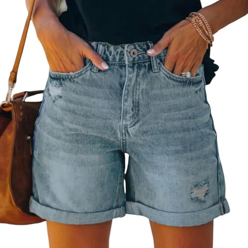 YJHLY Damen-Shorts Damen -Denim -Shorts Summer Casual Denim Denim High Tailled Folded Hem Jeans Shorts Für Juniors Casual Shorts-Blue-XL von YJHLY