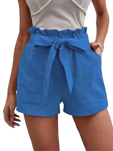 YJHLY Damen-Shorts Sommer -Frauen Loser Leinen Lässig Casual Shorts Taschen Solide Große Hohe Taille, Breite Beinhosen-Blue-XL von YJHLY
