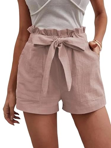YJHLY Damen-Shorts Sommer -Frauen Loser Leinen Lässig Casual Shorts Taschen Solide Große Hohe Taille, Breite Beinhosen-Pink-XL von YJHLY