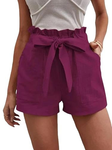 YJHLY Damen-Shorts Sommer -Frauen Loser Leinen Lässig Casual Shorts Taschen Solide Große Hohe Taille, Breite Beinhosen-Purple-XL von YJHLY
