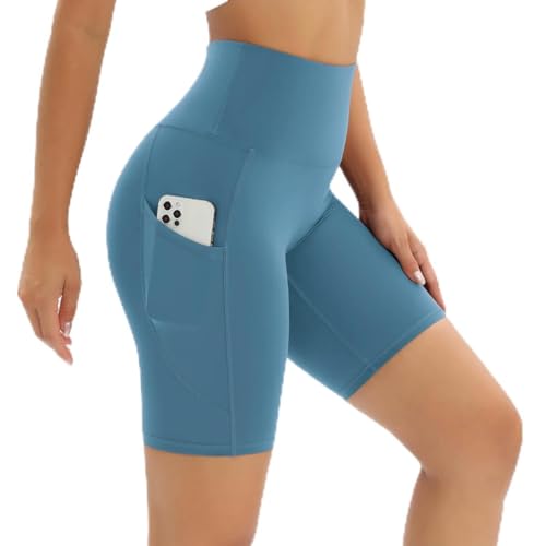 YJHLY Kurze Hose Damen Shorts Yoga -Shorts Frauen Fitness Shorts Mit Taschen Laufen Fahrradshorts Atmungsaktive Sport -Leggings Hohe Taillen Sommer -Trainingshorts-Blue-XL von YJHLY