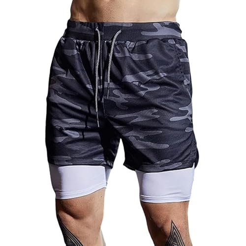 YJHLY Kurze Hosen Herren Männer Sport Shorts Sportswear Double-Deck Running Shorts Sommer 2 In 1 Casual Bottoms Fitness Training Jogging Shorts-Camouflage Grey-XXXL(85-95Kg) von YJHLY