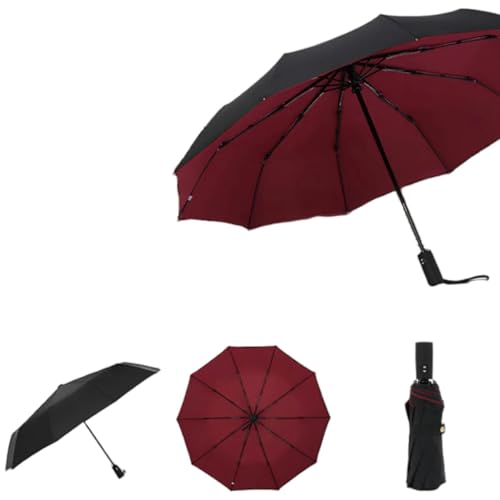 YJHLY Regenschirm Windschutz Doppelte Schicht Vollautomatisch Resistenter Regenschirm-Wine Red von YJHLY