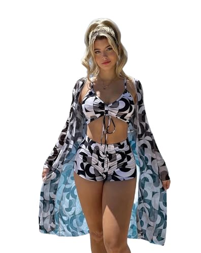 YLXCKGS Bikini-Set 3 Stücke Print Bikini Frauen Hohe Taille Badeanzug Deckbedeckung Weiblicher Dame Badeanzug Schwimmen Sommer Beachwege-C-XL von YLXCKGS