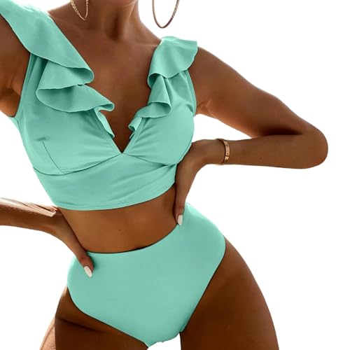 YLXCKGS Bikini-Set Badebekleidung Trendy Gegen Nacken Rüschen Bikini Frauen Zweiteilig Badeanzug Mit Hoher Taille Badeanzug Strandbekleidung-J-XL von YLXCKGS