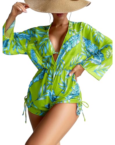 YLXCKGS Bikini-Set Frauen 3 Stück Bikini Tropical Print Badeanzug Badebekleidung Frauen Langarmanzug Weiblicher Badebekleidung Urlaub Outfits-Ich-M von YLXCKGS