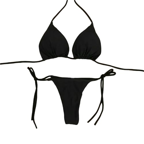 YMLHAQ Bikini Damen Bikini Set Side Tie Badeanzug Bandage Badeanzug Neck Hanger Verstellbare Badeanzug Set-Schwarz-L von YMLHAQ