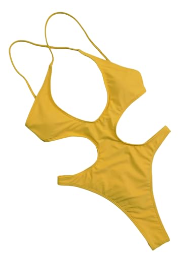 YMLHAQ Bikini Hohler Einteiliger Badeanzug Damen Plus Size Badeanzug Damen Rückenloser Badeanzug Sommer Beach Wear Bikini-Gelb-M von YMLHAQ