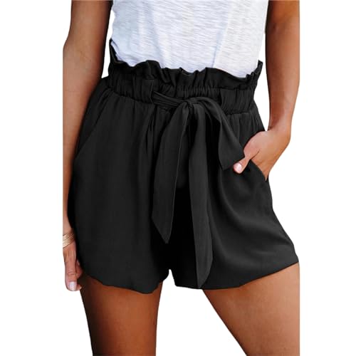 YMWANJUN Damen-Shorts Damen Sommershorts Elastische Taille Folienkordelkordel Casual Beach Fitness Damen Weitbein Hosen-schwarz-XL von YMWANJUN