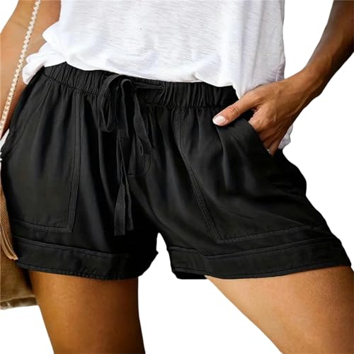 YMWANJUN Damen-Shorts Damenshorts Kordelkordershorts Mit Taschen Lose Freizeithosen Weitbein Lounge Hosen Frauen-schwarz-XL von YMWANJUN
