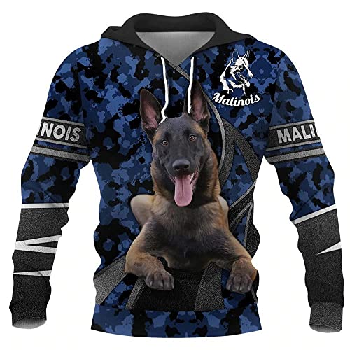 Kapuzenpullover Herren, Lose Unisex-Kapuzenpullis, 3D-Tierdruck-Sweatshirts, Neuheit Malinois-Muster, Camo-Blau, Kapuzen-Sweatshirt Mit Kordelzug Für Damen Und Herren, Indoor-Outdoor-Sportarten, 3Xl von YMXCNM