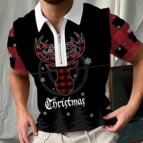 Polo Shirts Männer,3D-Weihnachts-Poloshirt Mit Reißverschluss, Schwarze Business-Hemden, Golf-T-Shirt Mit Kurzarm Mit Elchdruck, Sommer-Harajuku-T-Shirts, Atmungsaktive Oberteile, Hip-Hop-Streetwea von YMXCNM