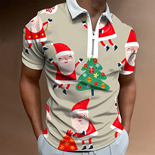 Polo Shirts Männer,Weihnachts-Cartoon-Santa-Print-Poloshirt, Lockere Kurzarm-Oberteile Mit Reißverschluss, T-Shirt, Hip-Hop-Streetwear, Klassisches, Atmungsaktives, Schnell Trocknendes Oberteil, T- von YMXCNM