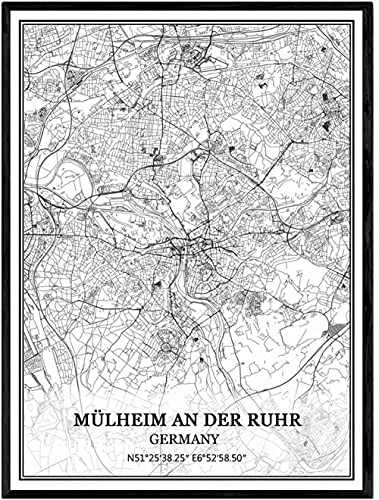 YMXCNM Leinwand Bilder, Mülheim An Der Ruhr Deutschland Karte Poster Drucke Kunstwerk Ungerahmte Bilder Moderne Schwarz-Weiß-Gemälde Souvenir Geschenk Wohnkultur,70X100Cm/27.55X39.37 In von YMXCNM