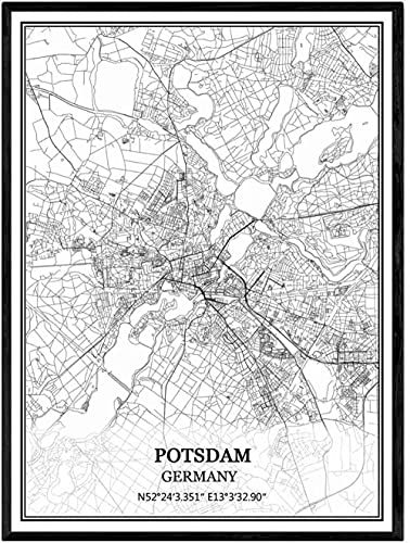 YMXCNM Leinwand Bilder, Potsdam Deutschland Karte Wand Bilder Drucke Poster Schwarz Weiß Gemälde Kunst Rechteck Pop Wandmalereien Kunstwerk Für Home Decor, 50X70Cm / 19.68X27.55 In von YMXCNM