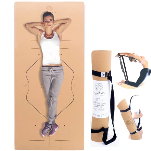 YOMANIS XXLux 183x80cm x 8mm KORK Yoga Matte, Extra 80 cm breit+8mm stark*. Antirutsch Good Grip CORK Workout Premium-Matte + 2in1 Cotton-Yogagurt/Tragegurt | für Yoga, Gymnastik und Pilates von YOMANIS