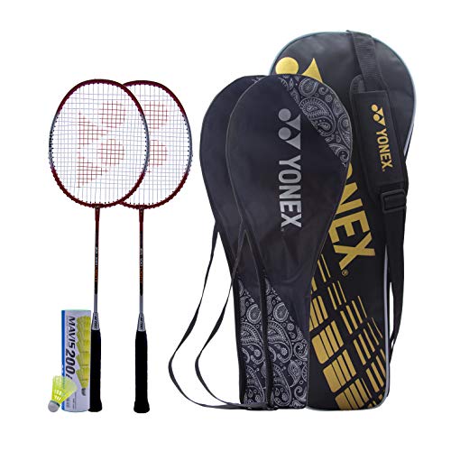 Yonex ZR 100 Light Badminton Kitbag Combo (Set mit 2 Yonex ZR 100 Light Badmintonschläger mit Vollabdeckung, rot/rot + Mavis 200I Federball, 6 Stück, 2 Etech Grip + Sunr 1815 Black Kitbag) von YONEX