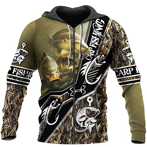 YOROOW 3D Druckkarpfen Angeln Tattoo Männer Hoodie, Tarnung Fisch Große Tasche Reißverschluss Hoodie Beiläufige Sweatshirt Langarm Übergroß Pullover Tier Paar Jacke,Hoodie Zip,4XL von YOROOW