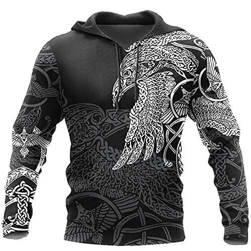 YOROOW 3D Viking Crow Tattoo Herren Hoodie Norse Mythology Predator Print Casual Sweatshirt Langarm Pullover Übergroße Paarjacke,Hoodie,6XL von YOROOW