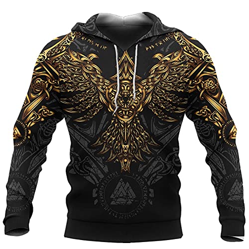 YOROOW Gold Huginn 3D Viking Tattoo Hoodie Herren Nordic Mythical Crow Langarm Sweatshirt Übergroße Pullover Gelegenheitsjacke,Hoodie,XL von YOROOW