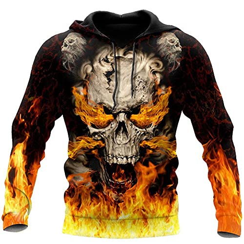 YOROOW Herren Langarmes Sweatshirt 3D Gedruckt Flamme Schädel Hoodie Mode Cool Pullover Mit Kapuze Sweatshirt Jacket Große Tasche,Hoodie,5XL von YOROOW