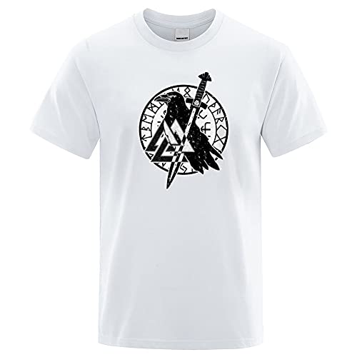 YOROOW Valknut Raven Print Wikinger T Shirt Herren, Herren Nordic Totem Baumwolle Farbe Kurzarm Sommer Casual Fashion Top,Weiß,XXL von YOROOW