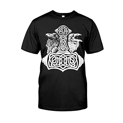 YOROOW Viking Mjolnir Tattoo Baumwolle T-Shirt Herren, Nordic Thor Hammer Klassisches T-Shirt Heidnisches Amulett Übergroßes Shirt,Raven Mjolnir,7XL von YOROOW