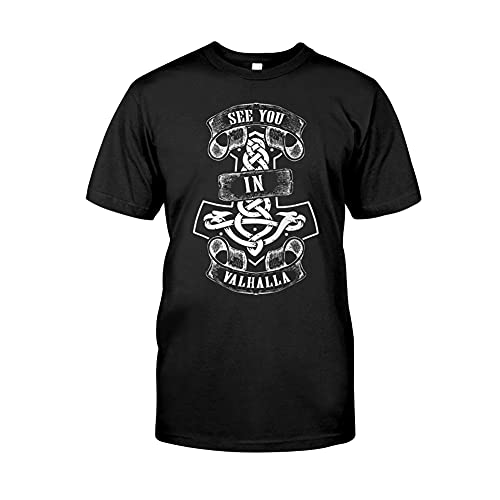 YOROOW Viking Mjolnir Tattoo Baumwolle T-Shirt Herren, Nordic Thor Hammer Klassisches T-Shirt Heidnisches Amulett Übergroßes Shirt,See You in Valhalla,7XL von YOROOW