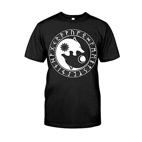 YOROOW Wikinger-Hemd Klassisches Baumwoll T-Shirt für Männer, Retro Nord-Mythos Fenrir Wolf Kurzarm,Viking Wolf,6XL von YOROOW