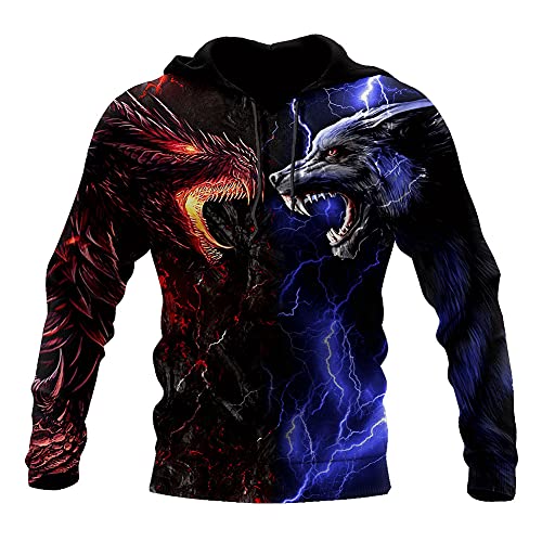 YOROOW Wikinger Odin Fenrir Wolf Tattoo Hoodie für Männer, 3D Gedruckt Norse Mythology Drache Langarm Sweatshirt Pullover Lässige Große Tasche Unisex Jacke,Dragon Fenrir Hoodie,4XL von YOROOW