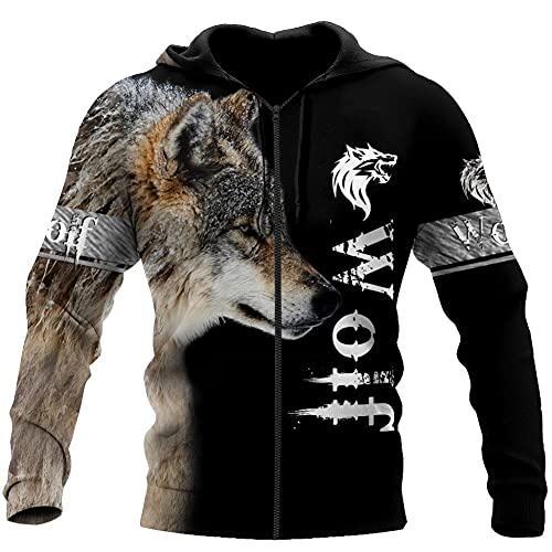 YOROOW Wolf Tattoo Hoodie für Männer und Frauen, 3D Graffiti Drucken Langarmtasche Sweatshirt Pullover Casual Jacket (XS-7XL),Brown Wolf Hoodie Zip,L von YOROOW