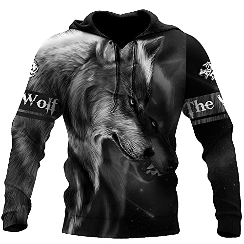 YOROOW Wolf Tattoo Hoodie für Männer und Frauen, 3D Graffiti Drucken Langarmtasche Sweatshirt Pullover Casual Jacket (XS-7XL),Gray Wolf Hoodie,6XL von YOROOW