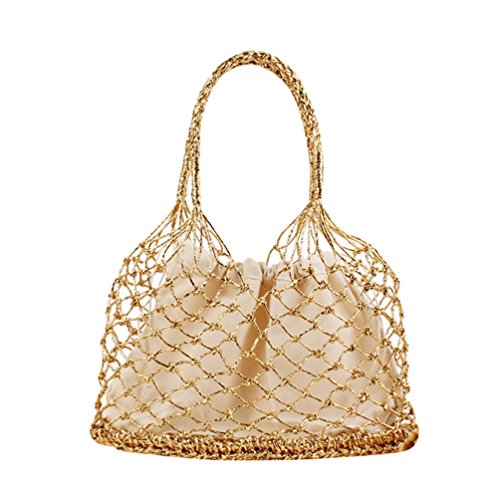 YOUJIAA Damen Schicke Gewebte Beuteltasche Shopper Casual Kordelzug Tote Elegante Handtasche für Strand (Gold, 28x35cm) von YOUJIAA