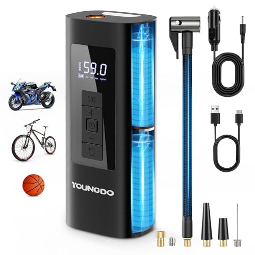 YOUNGDO Elektrische Luftpumpe 150PSI, Akku Kompressor Tragbar, Elektrische Fahrradpumpe 6000mAh, mit für Auto, Fahrrad, Motorrad, Bälle, über USB-C wiederaufladbar, Als Taschenlampe und Powerbank von YOUNGDO