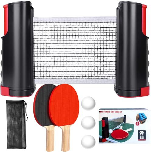 Tischtennis Set, 2 Tischtennisschläger + Einziehbarem Netz + 3 Tischtennis-Bälle + 1 Tasche, Tischtennisschläger Set Profi für Kinder Indoor & Outdoor Spiele(Rot schwarz) von YOUYIKE