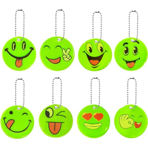 YOUYIKE 8 Stück Reflektor Anhänger mit Schlüsselanhänger, Kinder Smiley Sicherheits Anhänger, Emoji Anhänger für Schlüssel Schultasche Radfahren Gehen Laufen Fahrrad Kleidung(8 Emoji) von YOUYIKE