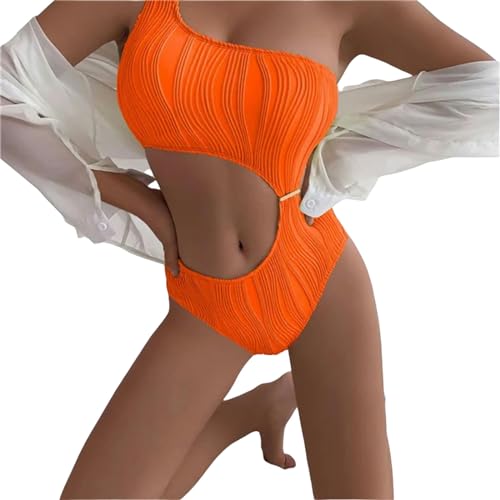 YSZWIN Badeanzug Damen Solide Einteilige Bikini-Frauen Single Schulter Hollow-Out Badeanzug Strandbekleidung High Taille Badeanzug-Orange-XL von YSZWIN
