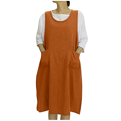 Arbeitskleid Damen Retro einfarbiges Baumwoll Leinen Kleid Ärmelloses Trägerkleid mit O-Ausschnitt Westenkleid mit Taschen Schürzenkleid mit seitlichem Schlitz Lockeres Skaterkleid Arbeitskleidung von YSpoe