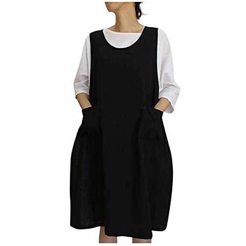 Arbeitskleid Damen Retro einfarbiges Baumwoll Leinen Kleid Ärmelloses Trägerkleid mit O-Ausschnitt Westenkleid mit Taschen Schürzenkleid mit seitlichem Schlitz Lockeres Skaterkleid Arbeitskleidung von YSpoe